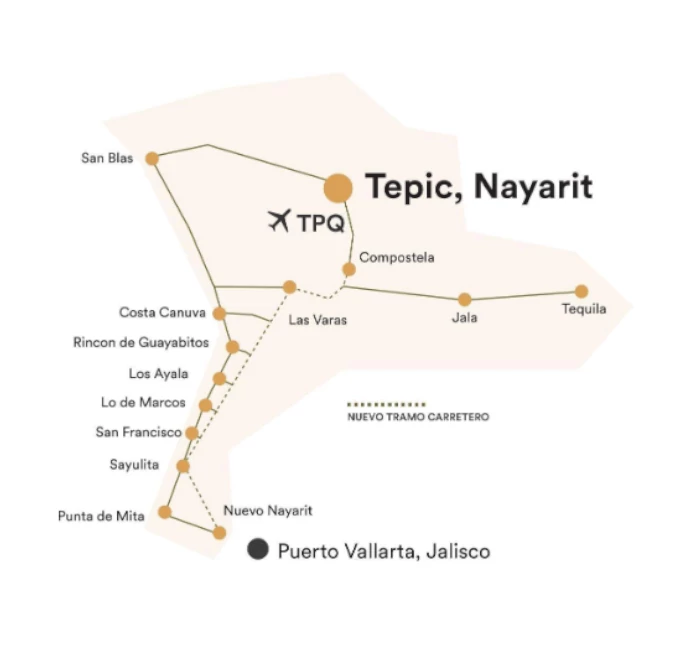 Mapa con rutas carreteras de la riviera Nayarit